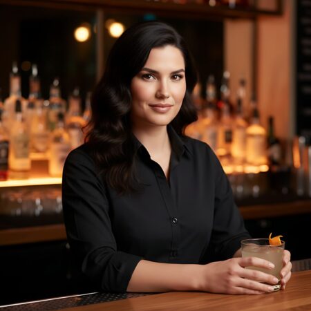 Confident female bartender standing behind a bar during a quiet January evening, delivering final advice on promotions, inventory, and staffing.