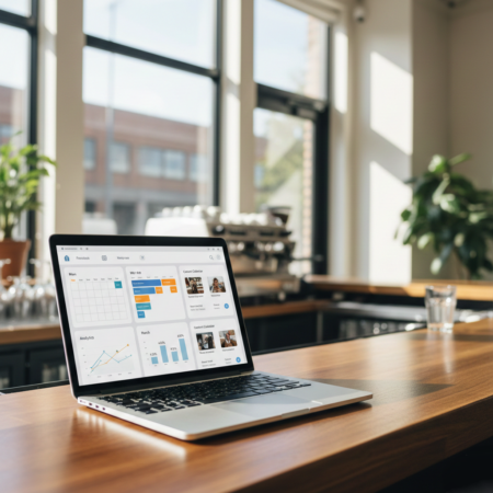 Laptop displaying a social media content calendar, scheduled posts, and analytics dashboards used to manage multiple social media accounts efficiently.