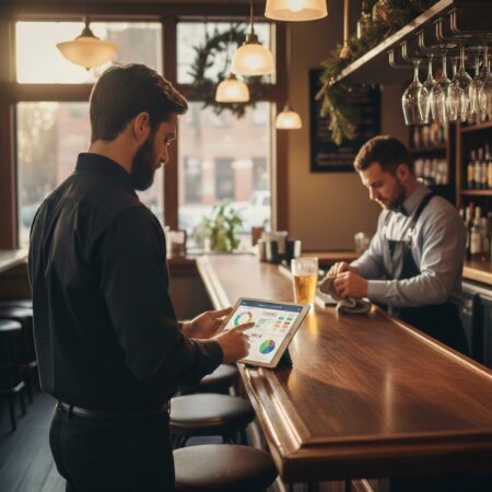 Data-Driven Labor Scheduling in a Neighborhood Bar Bar manager reviewing sales and labor data on a tablet while a bartender preps behind the bar during a slower January shift.