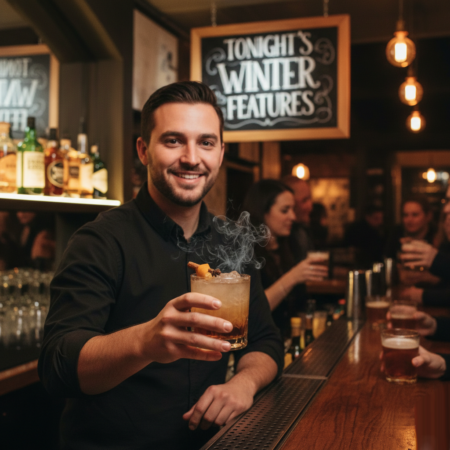 Winter Features Cocktail Promotion at a Neighborhood Bar Bartender presenting a smoked winter cocktail at a busy bar with a “Tonight’s Winter Features” sign in the background.