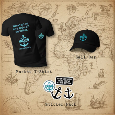 Poster-style display showing a bar t-shirt, ball cap, and sticker pack arranged as featured merchandise items