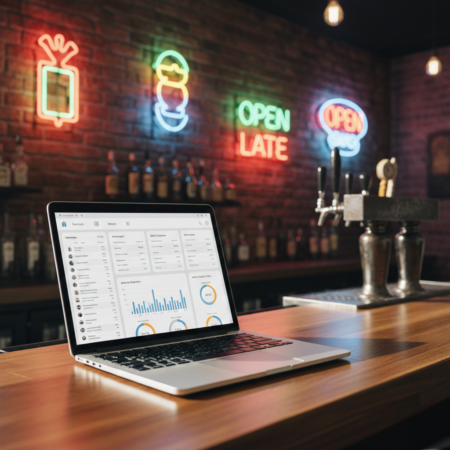 Laptop on a bar counter displaying an email marketing dashboard with campaign lists, audience segmentation, and performance analytics used by bars and liquor stores.