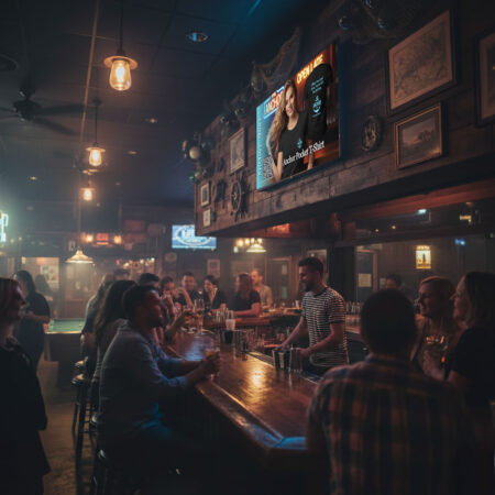Neighborhood nautical bar with patrons watching TV screens, including a digital merch promotion displayed above the bar